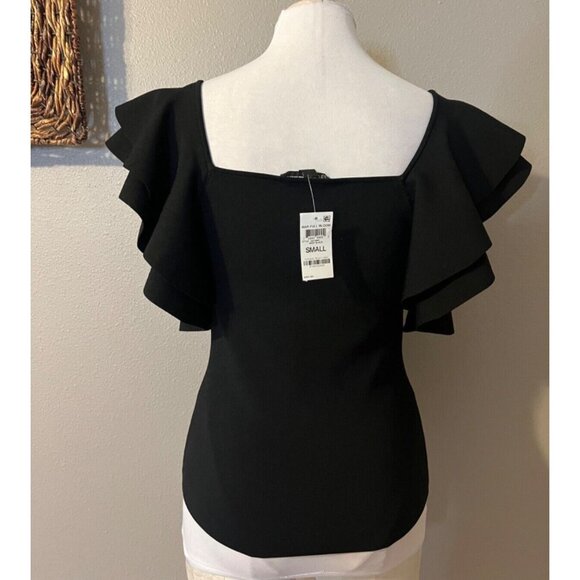 INC Top S Small Black Short Flutter Ruffle Sleeves Stretch Square Neck NWT - Picture 6 of 10